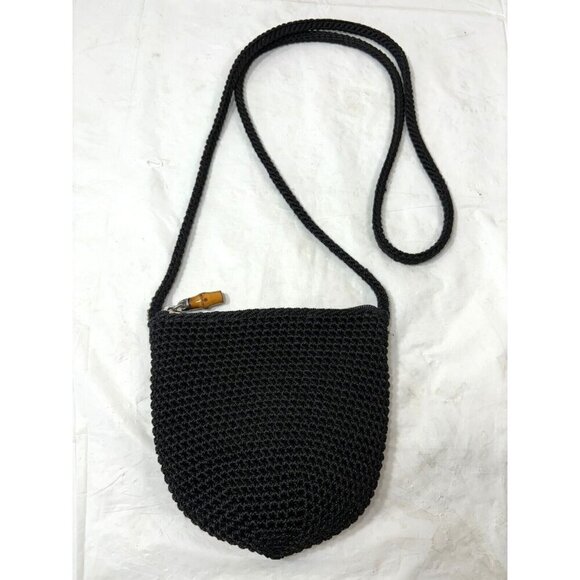 The Sak Black Crochet Small Crossbody Purse bamboo zipper pull - Picture 1 of 6